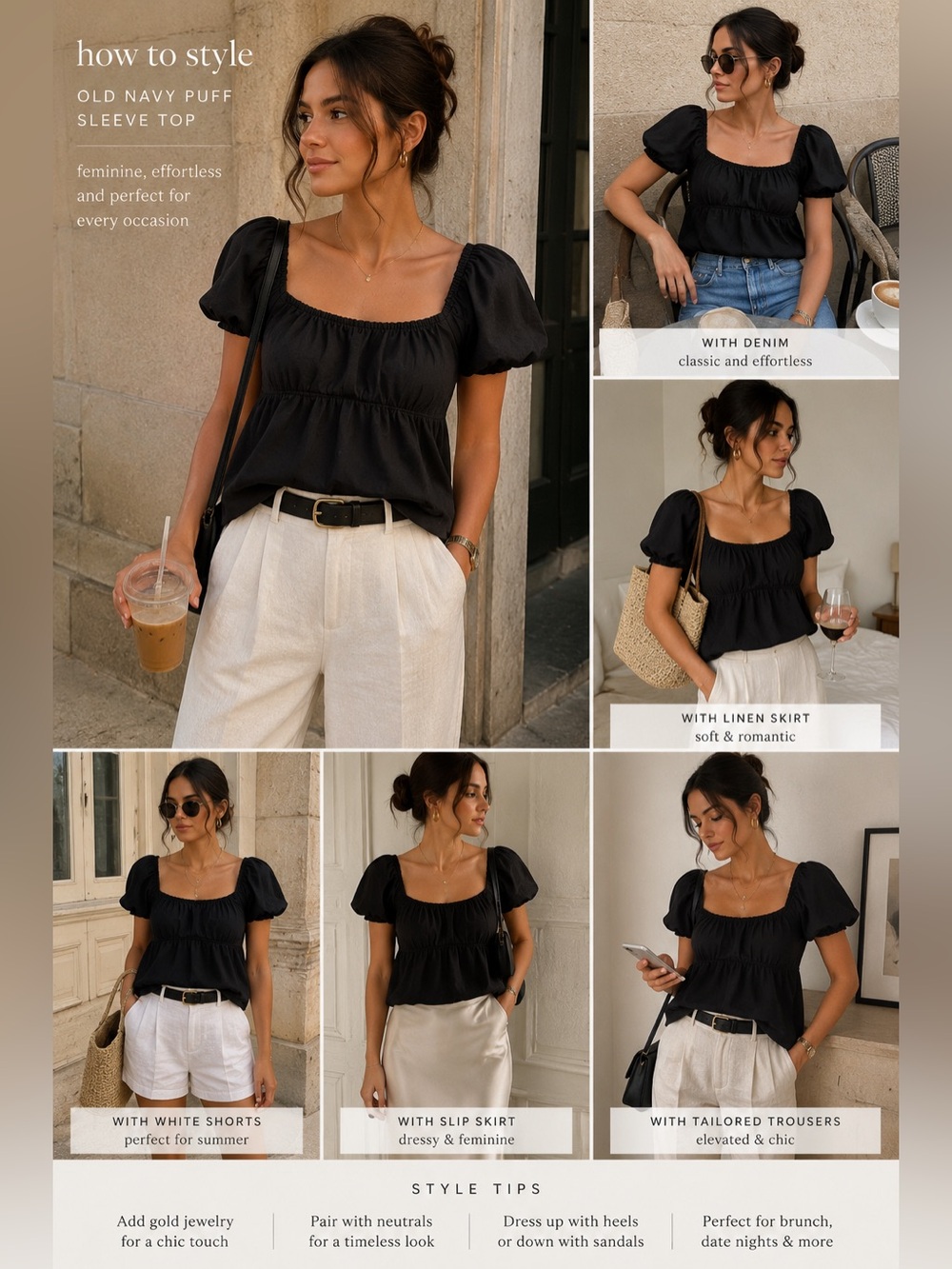 Old Navy Black Puff Sleeve Babydoll Top, Square Neck Romantic Cottagecore Blouse
